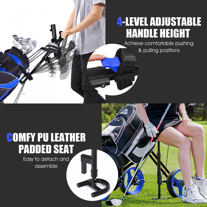 Costway Foldable 3 Wheel Push Pull Golf Club Cart Trolley W/seat Scoreboard Bag Blue