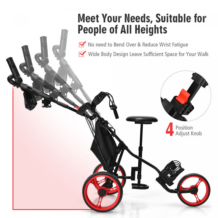 Goplus Folding 3 Wheels Golf Push Cart W/seat Scoreboard Adjustable Handle Red