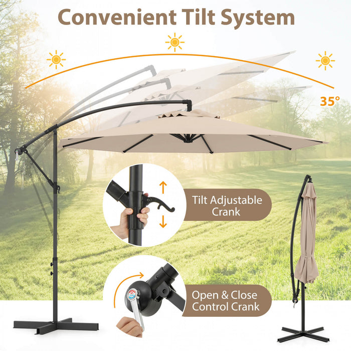 Costway 10' Hanging Umbrella Patio Sun Shade Offset Outdoor Market W/ T Cross Base Beige