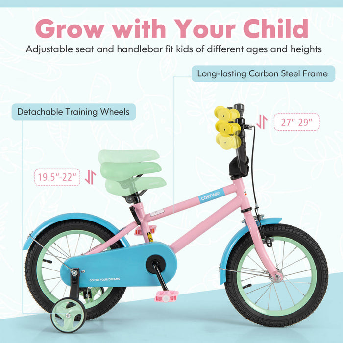 Costway 14\" Kids Bike With Adjustable Saddle Handlebar Removable Training Wheels Handbrake Pink