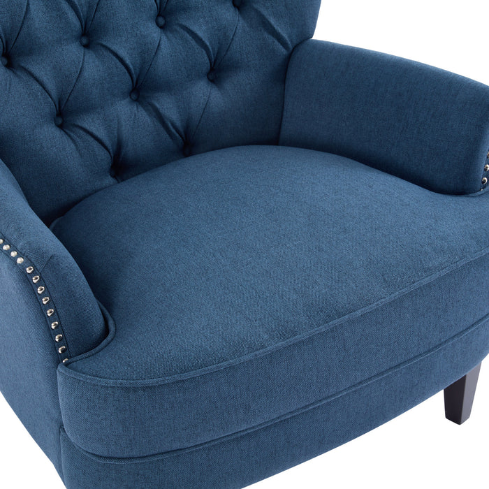 Arcadia Vintage-Inspired Lounge Chair with Nailhead Trim and Curved Backrest, Navy Blue
