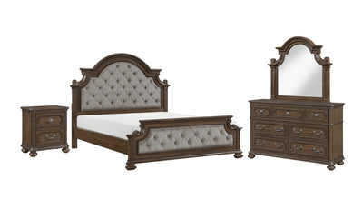 Ambrose 6pc Bedroom Set with Bed, Dresser, Mirror & Nightstand, Wooden, Fabric, Brown - King Size | Ensemble de chambre à coucher Ambrose 6 pièces en bois et en tissu avec lit, commode, miroir et table de nuit, brun - format très grand lit