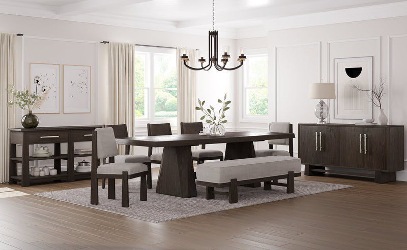 Arden 6pc Extension Dining Set with Table, Bench & 4 Chairs, Trestle Base, 84-108\"W - Espresso Brown