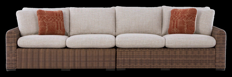 Banff Outdoor Patio RAF/LAF Loveseats, Set of 2 - Resin Wicker & Nuvella Fabric - Brown/Beige
