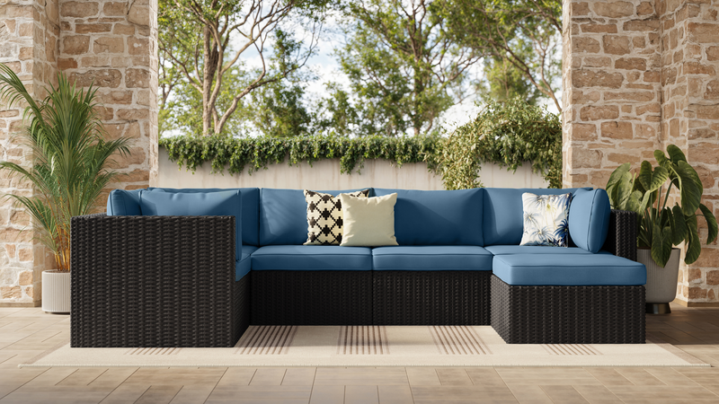 Barbados 6-Piece Outdoor Patio Set with 3 Corner Chairs, 2 Armless Chairs & Ottoman - Hand-Woven Resin Wicker, UV & Weather Resistant - Black/Blue