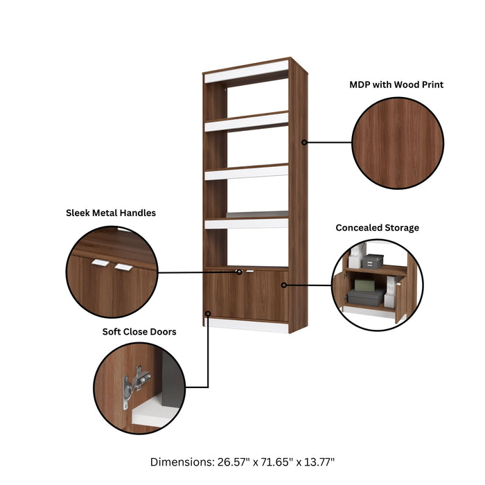 Manhattan Comfort Mid-Century Modern Ratzer Bookcase with 5 Shelves - Brown & White