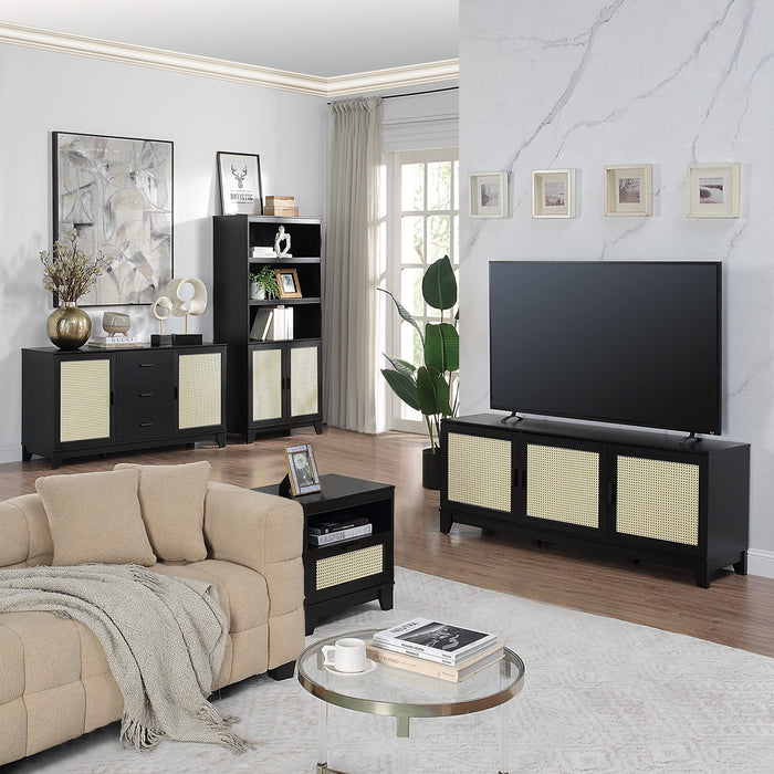 Manhattan Comfort Sheridan Modern Cane Bookcase with Adjustable Shelves - Black