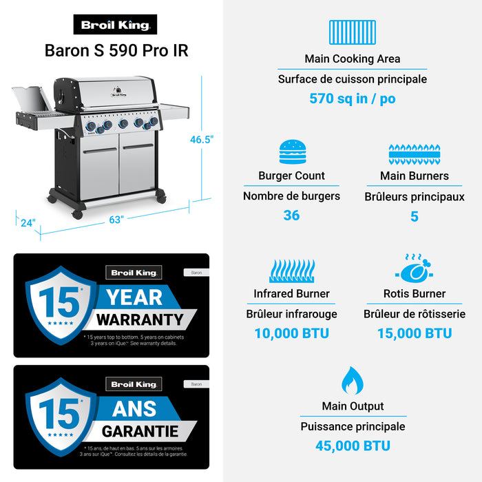 Broil King Baron S 590 Pro IR 5-Burner 45,000-BTU Natural Gas BBQ - 678347 Grill