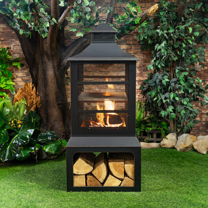 Deko Living Wood Burner Fire Pit Grill & Log Storage