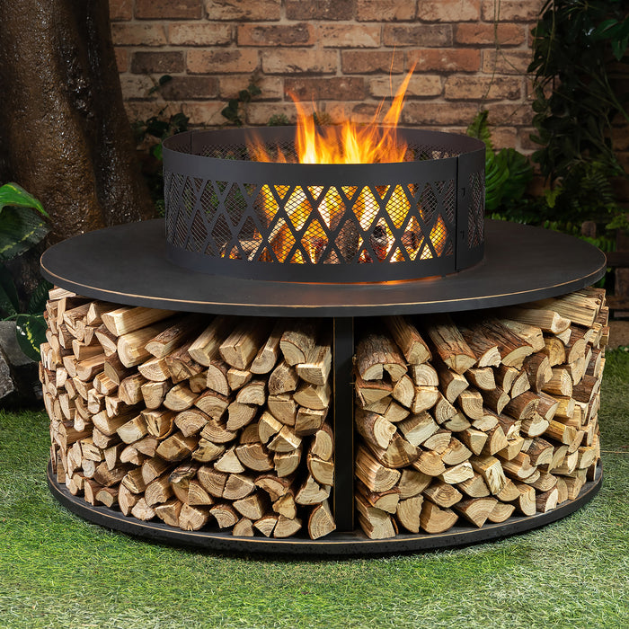 Deko Living Metal Wood Burner Round Fire Pit & Log Storage
