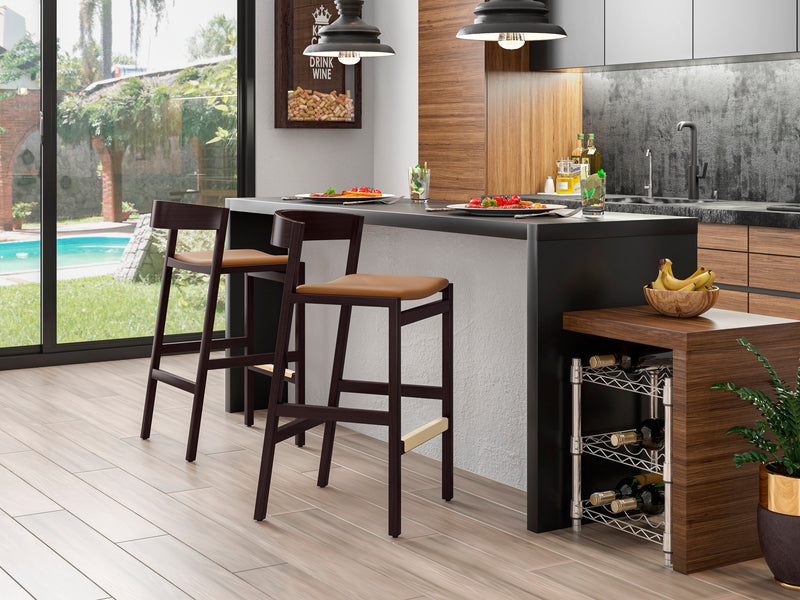 Manhattan Comfort Klismos 36.75\" Beech Wood Counter Height Barstool - Camel & Dark Walnut