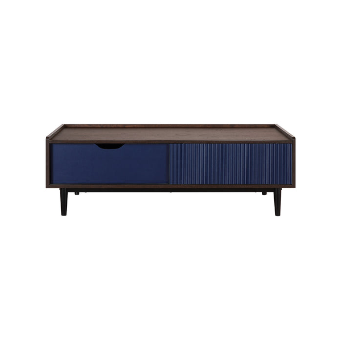 Manhattan Comfort Duane Modern Ribbed Coffee Table with Drawer & Shelf - Dark Brown & Navy Blue