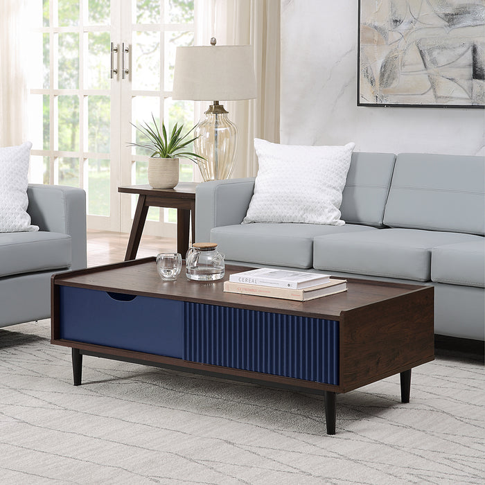 Manhattan Comfort Duane Modern Ribbed Coffee Table with Drawer & Shelf - Dark Brown & Navy Blue