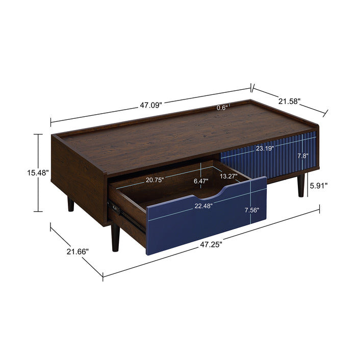 Manhattan Comfort Duane Modern Ribbed Coffee Table with Drawer & Shelf - Dark Brown & Navy Blue