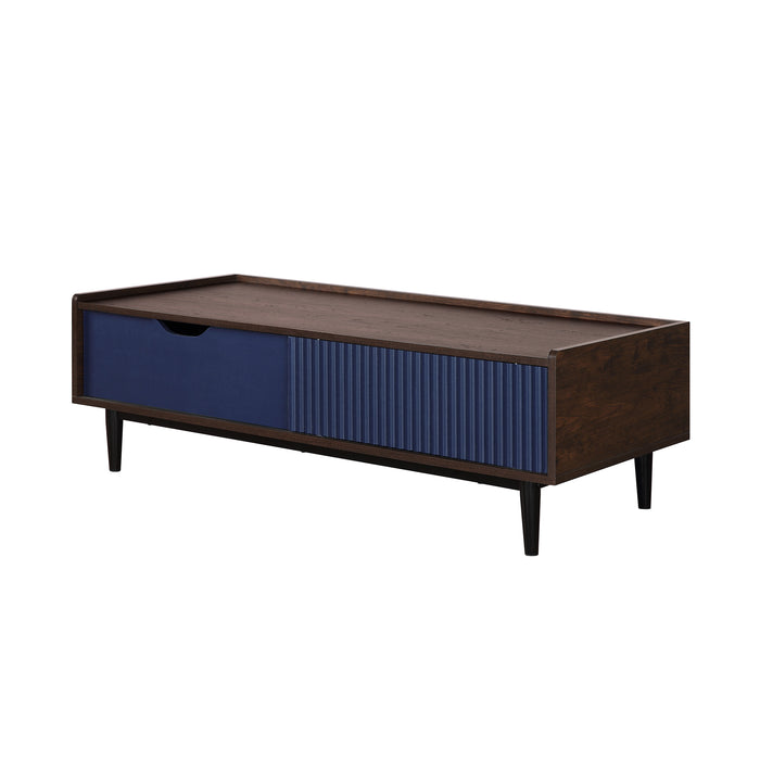 Manhattan Comfort Duane Modern Ribbed Coffee Table with Drawer & Shelf - Dark Brown & Navy Blue