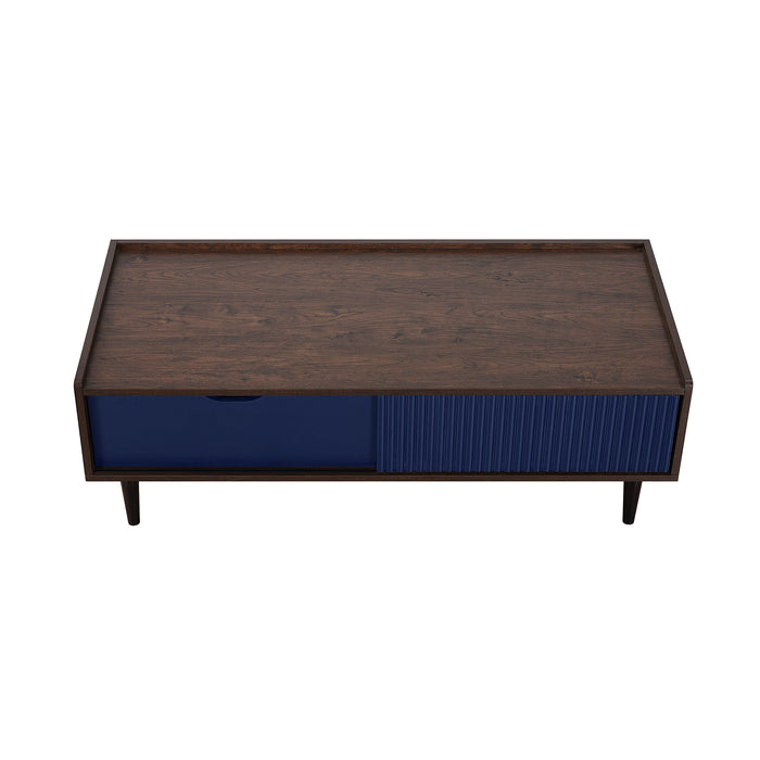 Manhattan Comfort Duane Modern Ribbed Coffee Table with Drawer & Shelf - Dark Brown & Navy Blue
