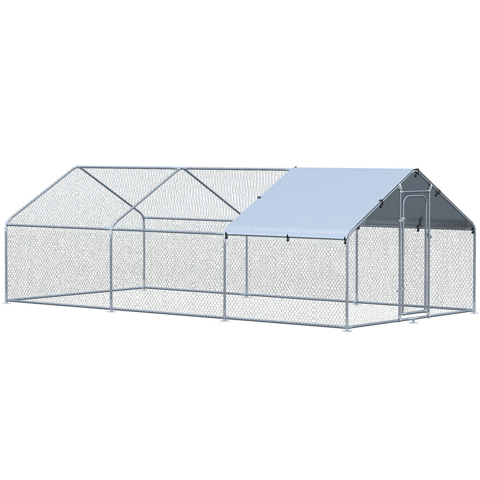 Pawhut 9.8' X 19.7' Metal Chicken Coop, Galvanized Walk-in Hen House, 3 Rooms Poultry Cage Outdoor With Waterproof Uv-protection Cover For Rabbits, Ducks