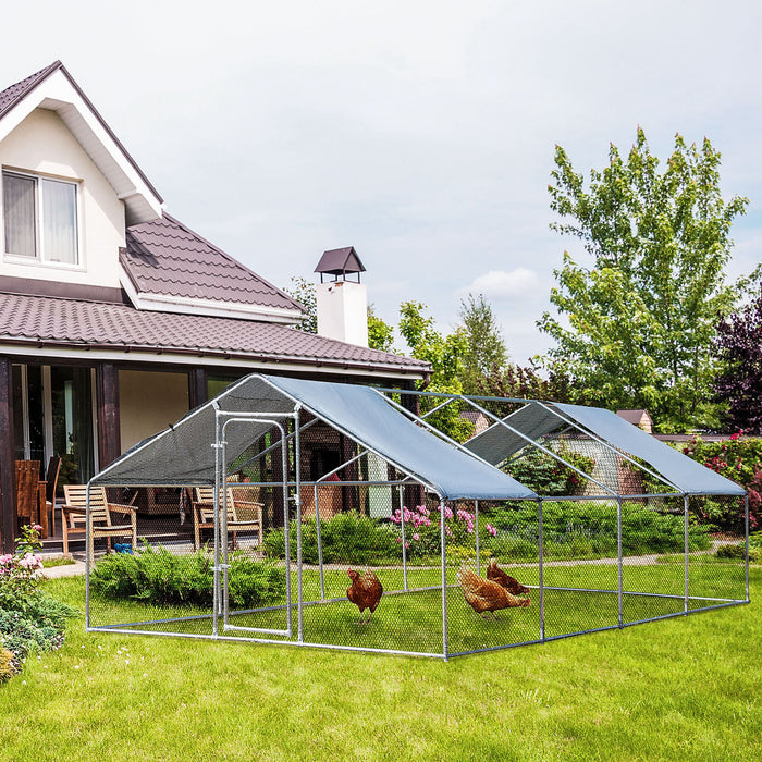 Pawhut 9.8' X 26.2' Metal Chicken Coop, Galvanized Walk-in Hen House, 4 Rooms Poultry Cage Outdoor With Waterproof Uv-protection Cover For Rabbits, Ducks