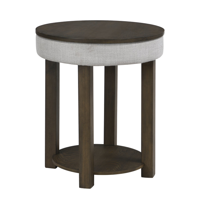 Elroy 21\" Rustic Round Lift Top End Table With Shelf  - Brown and Grey with Fabric Edge 