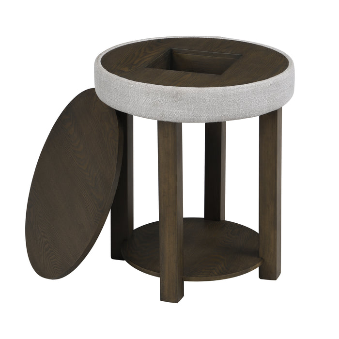 Elroy 21\" Rustic Round Lift Top End Table With Shelf  - Brown and Grey with Fabric Edge 