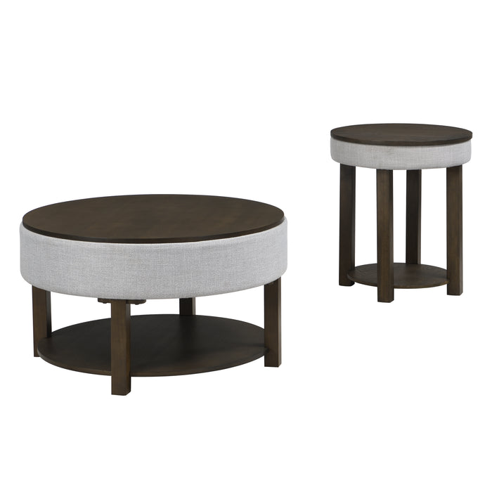 Elroy 21\" Rustic Round Lift Top End Table With Shelf  - Brown and Grey with Fabric Edge 