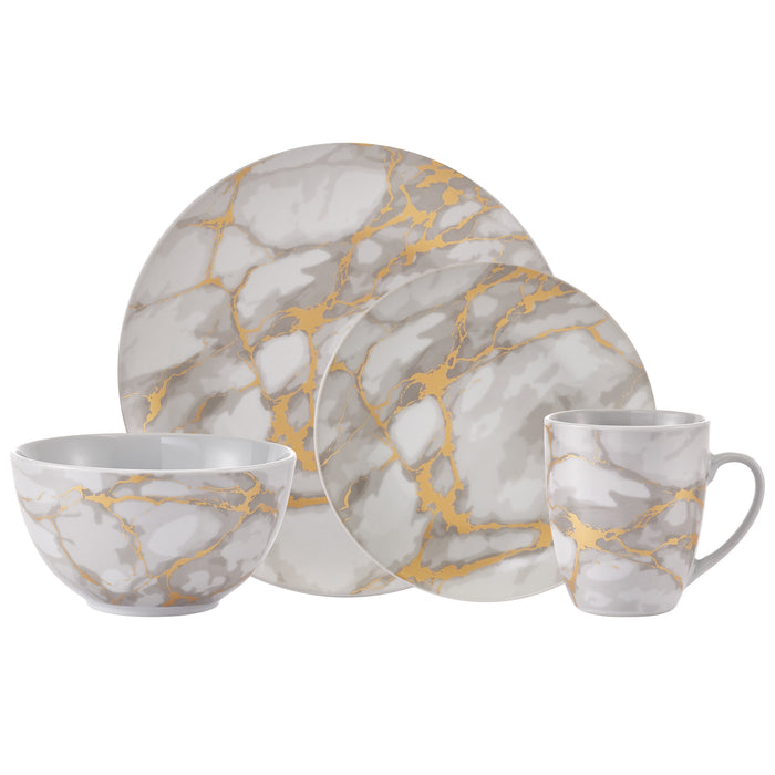 20-Piece Grey Marble Porcelain Dinnerware Set with Gold Veining & Gold Flatware