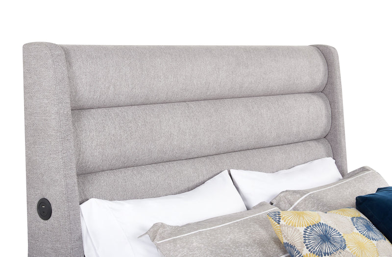 Jade Upholstered Platform Bed with USB Ports in Grey Fabric - Queen Size