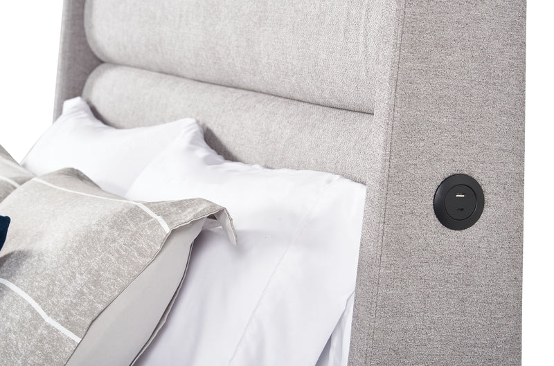 Jade Upholstered Platform Bed with USB Ports in Grey Fabric - Queen Size