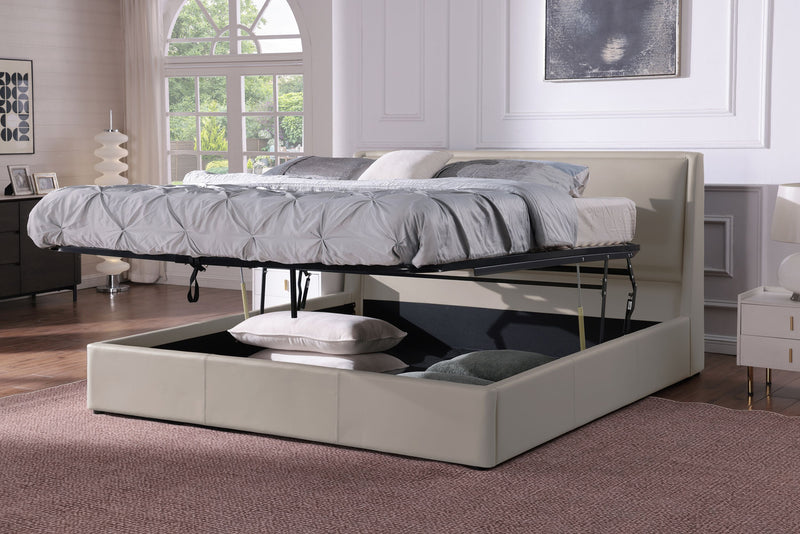 Nico Upholstered Storage Platform Bed in Vegan Leather Taupe Fabric, Hyrdraulic Lift  - Queen Size