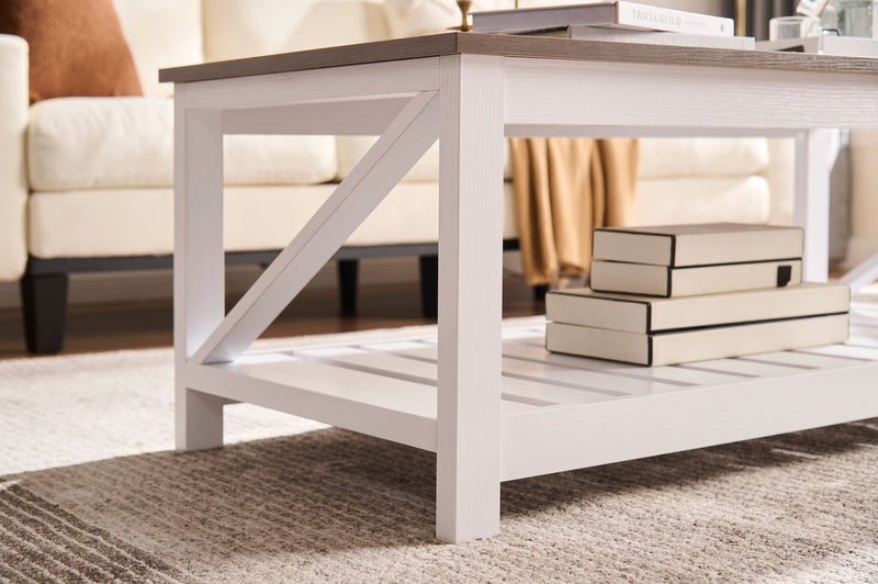 Ridge 47.5” Rustic Coffee Table with Shelf - Walnut Oak & White