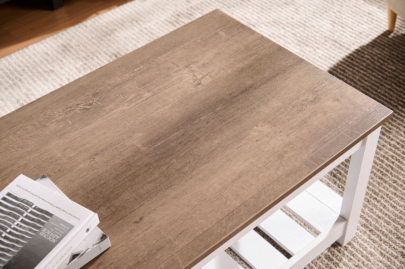 Ridge 47.5” Rustic Coffee Table with Shelf - Walnut Oak & White