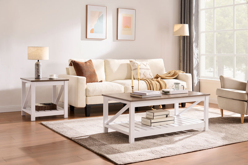 Ridge 47.5” Rustic Coffee Table with Shelf - Walnut Oak & White