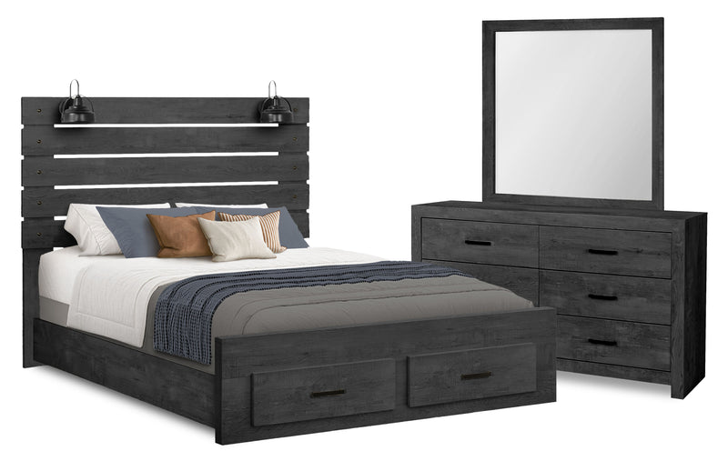 Soren 5pc Bedroom Set with Slat Storage Bed, Dresser & Mirror, LED, Graphite Grey - Queen 