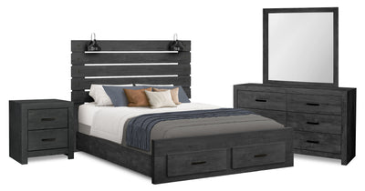 Soren 6pc Bedroom Set with Storage Bed, Dresser, Mirror & Nightstand, LED, Graphite Grey - Queen | Ensemble de chambre à coucher Soren 6 pièces avec lit de rangement, commode, miroir, table de nuit et éclairage à DEL , gris graphite - grand lit