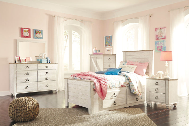 Willowton Platform Storage Bed with Headboard & Frame for Kids, Whitewash - Full Size