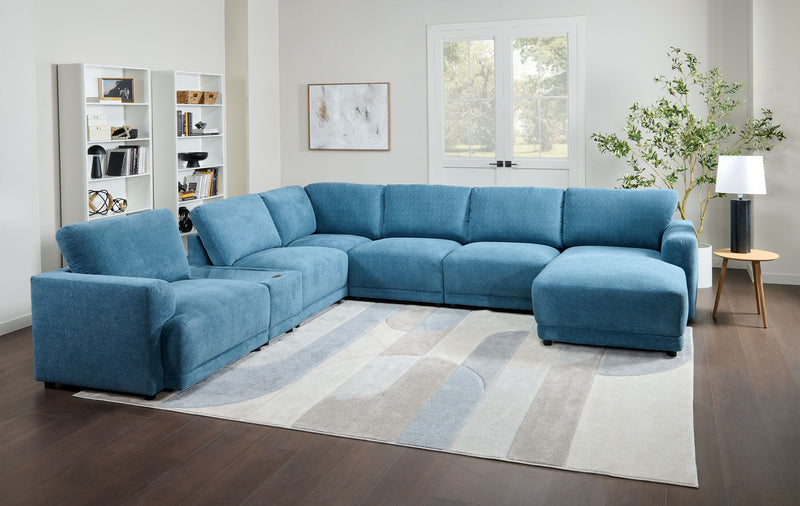 Voyage Modular 7-Piece Right-Facing Fabric Sectional with Console and Removable Back Cushions – Blue