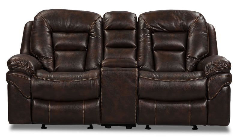 Leo 78\" Leather-Look Fabric Glider Reclining Loveseat with Storage Console - Walnut Brown