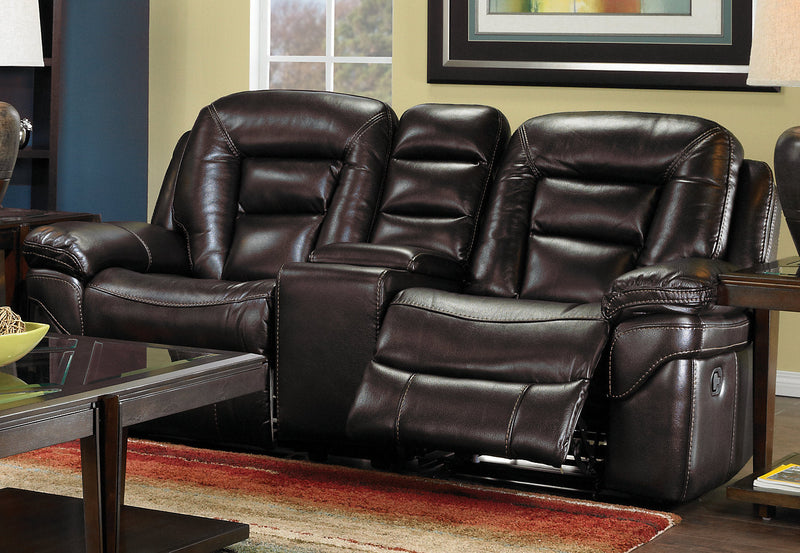 Leo 78\" Leather-Look Fabric Glider Reclining Loveseat with Storage Console - Walnut Brown