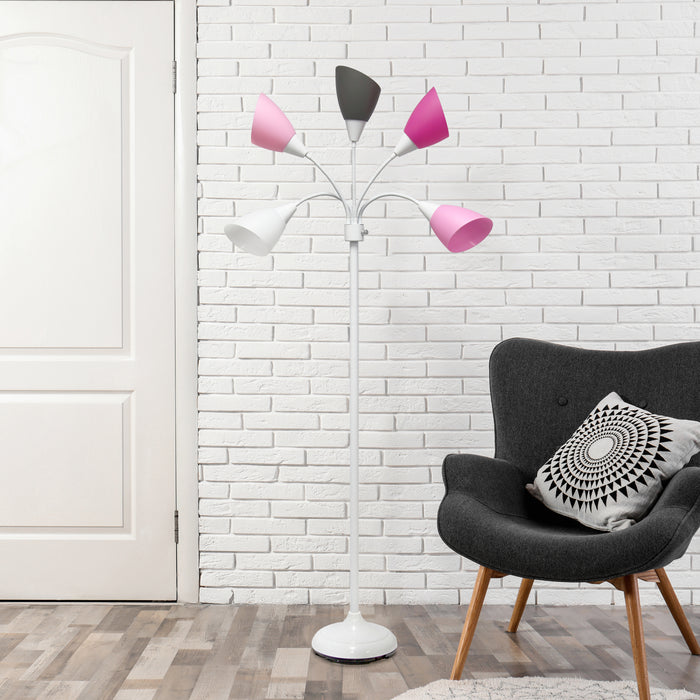 Simple Designs 67\" Contemporary Multi-Head Medusa 5-Light Adjustable Gooseneck Floor Lamp - Pink, White and Grey