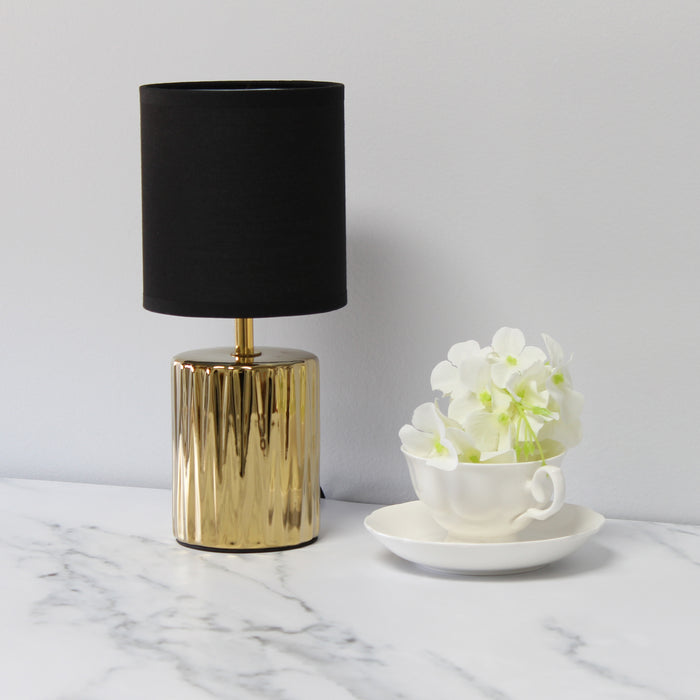 Simple Designs 11.61\" Contemporary Ruffled Capsule Table Lamp with Black Drum Fabric Shade - Metallic Gold