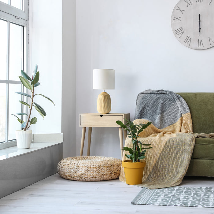 Simple Designs 20.4\" Traditional Ceramic Purled Texture Table Lamp with White Fabric Drum Shade - Yellow