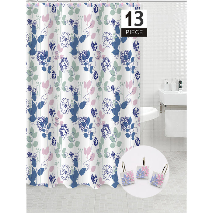 Peva Shower Curtain With 12 Polyresin Hooks Blue Floral