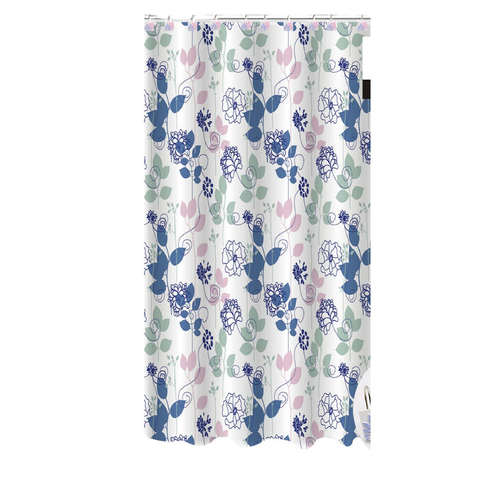Peva Shower Curtain With 12 Polyresin Hooks Blue Floral