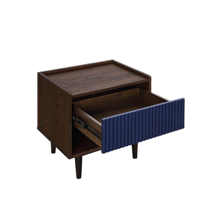 Manhattan Comfort Duane Modern Ribbed Nightstand with Full Extension Drawer - Dark Brown & Navy Blue
