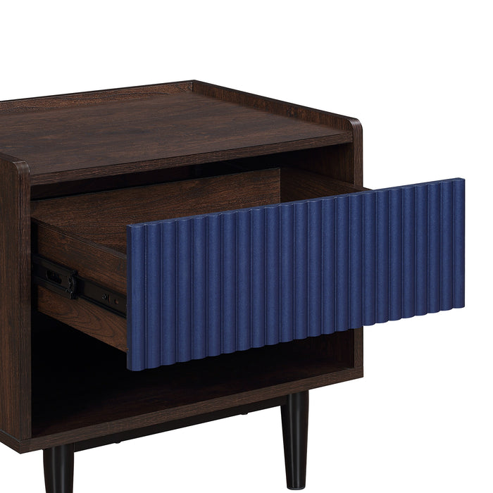 Manhattan Comfort Duane Modern Ribbed Nightstand with Full Extension Drawer - Dark Brown & Navy Blue