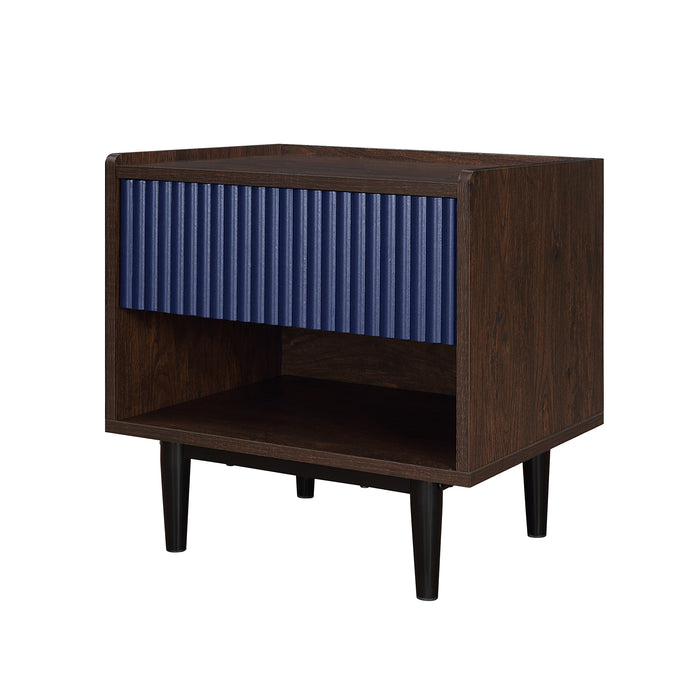 Manhattan Comfort Duane Modern Ribbed Nightstand with Full Extension Drawer - Dark Brown & Navy Blue