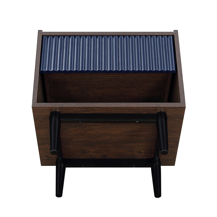 Manhattan Comfort Duane Modern Ribbed Nightstand with Full Extension Drawer - Dark Brown & Navy Blue
