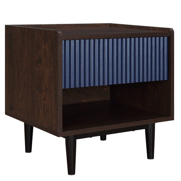 Manhattan Comfort Duane Modern Ribbed Nightstand with Full Extension Drawer - Dark Brown & Navy Blue