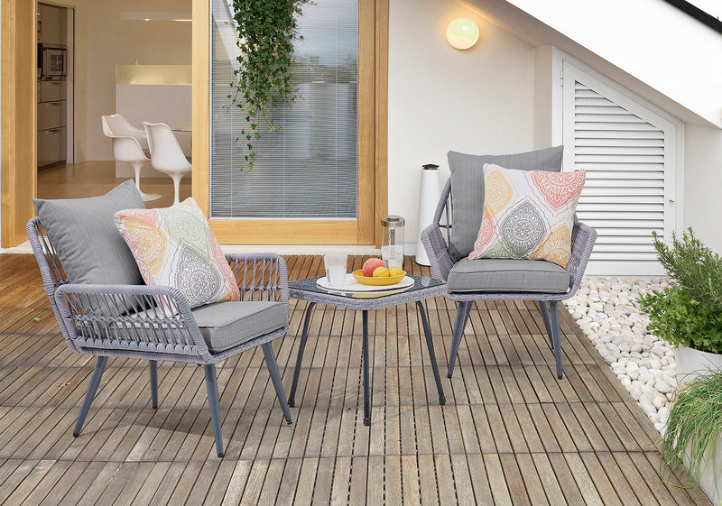 Manhattan Comfort Cannes Rope Wicker 3-Piece Patio Conversation Set - Grey
