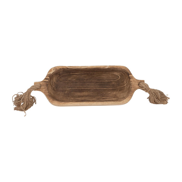 15” Boho Wood Tray with Tassels – Brown